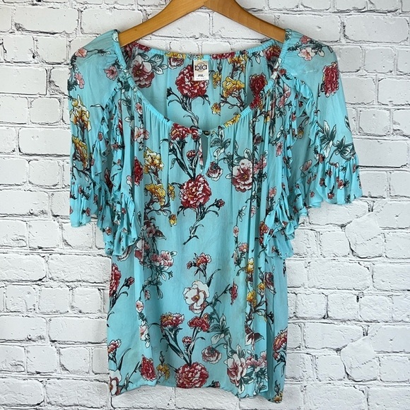 BILA Ruffled Embellished Floral Top in Turquoise Blue, Size S - Picture 1 of 8